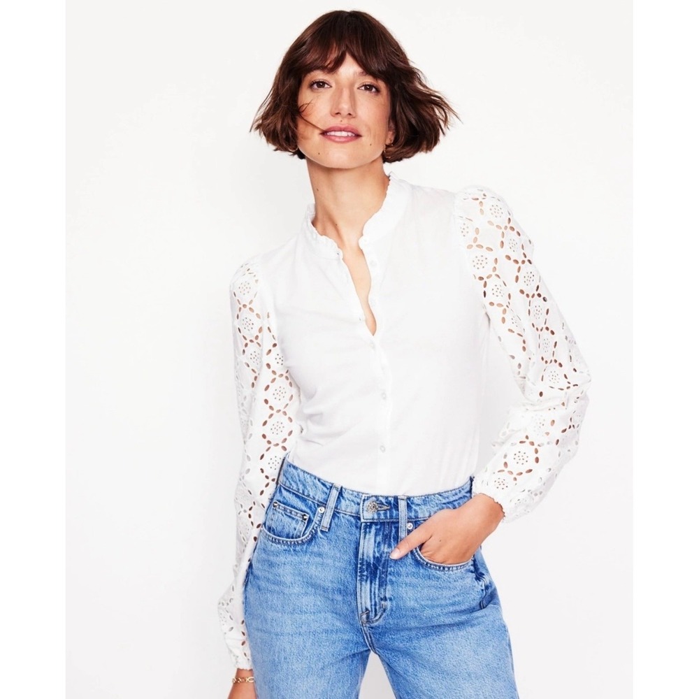 Boden Eden Broderie Lace Sleeve Button Up Blouse White 6